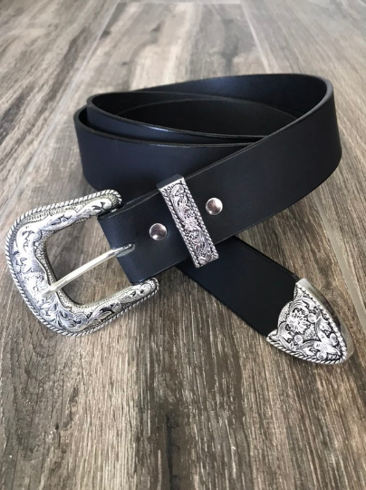 Leather Belt with Antique Silver Western Floral Buckle Set (1.5-inch width)