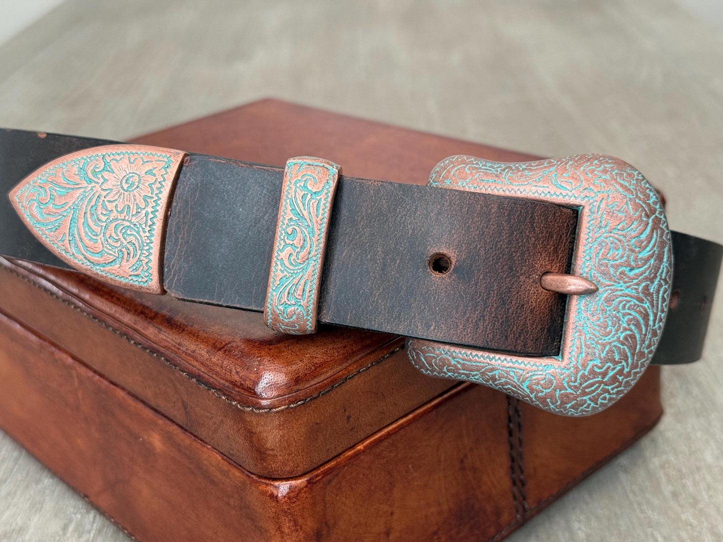 Western Leather Belt with Antique Copper Buckle Set