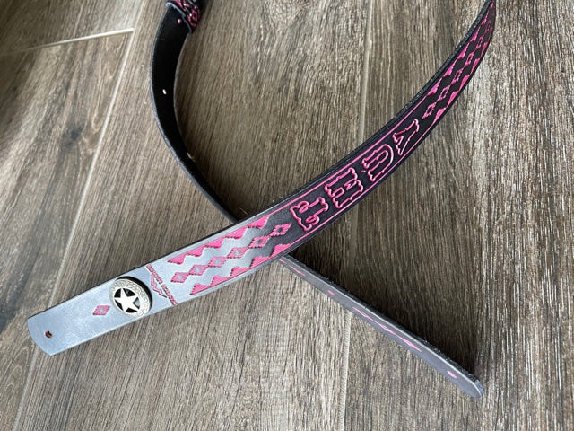 Leather Rifle Sling (Gun Strap), Southwestern Hand-tooling, Finished in Two-tone Black/Pink