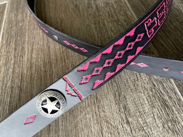 Leather Rifle Sling (Gun Strap), Southwestern Hand-tooling, Finished in Two-tone Black/Pink