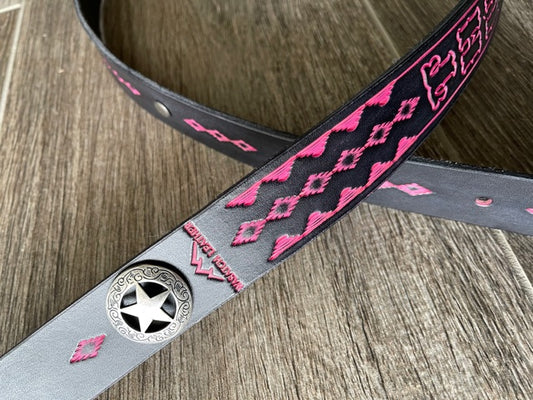 Leather Rifle Sling (Gun Strap), Southwestern Hand-tooling, Finished in Two-tone Black/Pink