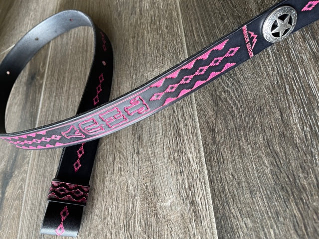 Leather Rifle Sling (Gun Strap), Southwestern Hand-tooling, Finished in Two-tone Black/Pink