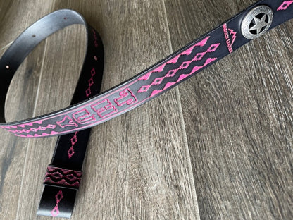 Leather Rifle Sling (Gun Strap), Southwestern Hand-tooling, Finished in Two-tone Black/Pink