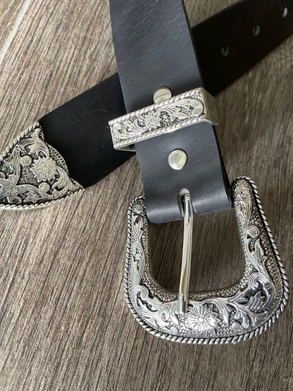Leather Belt with Antique Silver Western Floral Buckle Set (1.5-inch width)