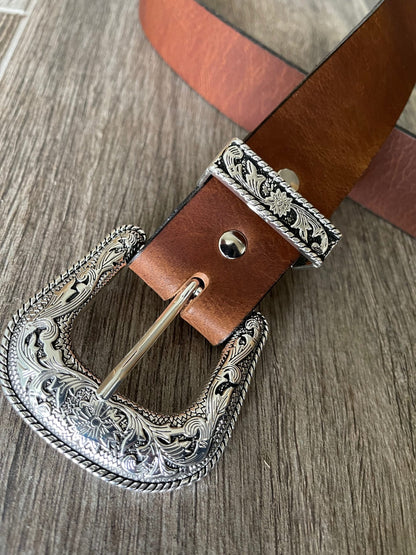 Leather Belt with Antique Silver Western Floral Buckle Set (1.5-inch width)