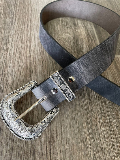 Leather Belt with Antique Silver Western Floral Buckle Set (1.5-inch width)