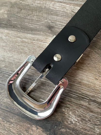 Leather Belt with Antique Silver Western Floral Buckle Set (1.5-inch width)