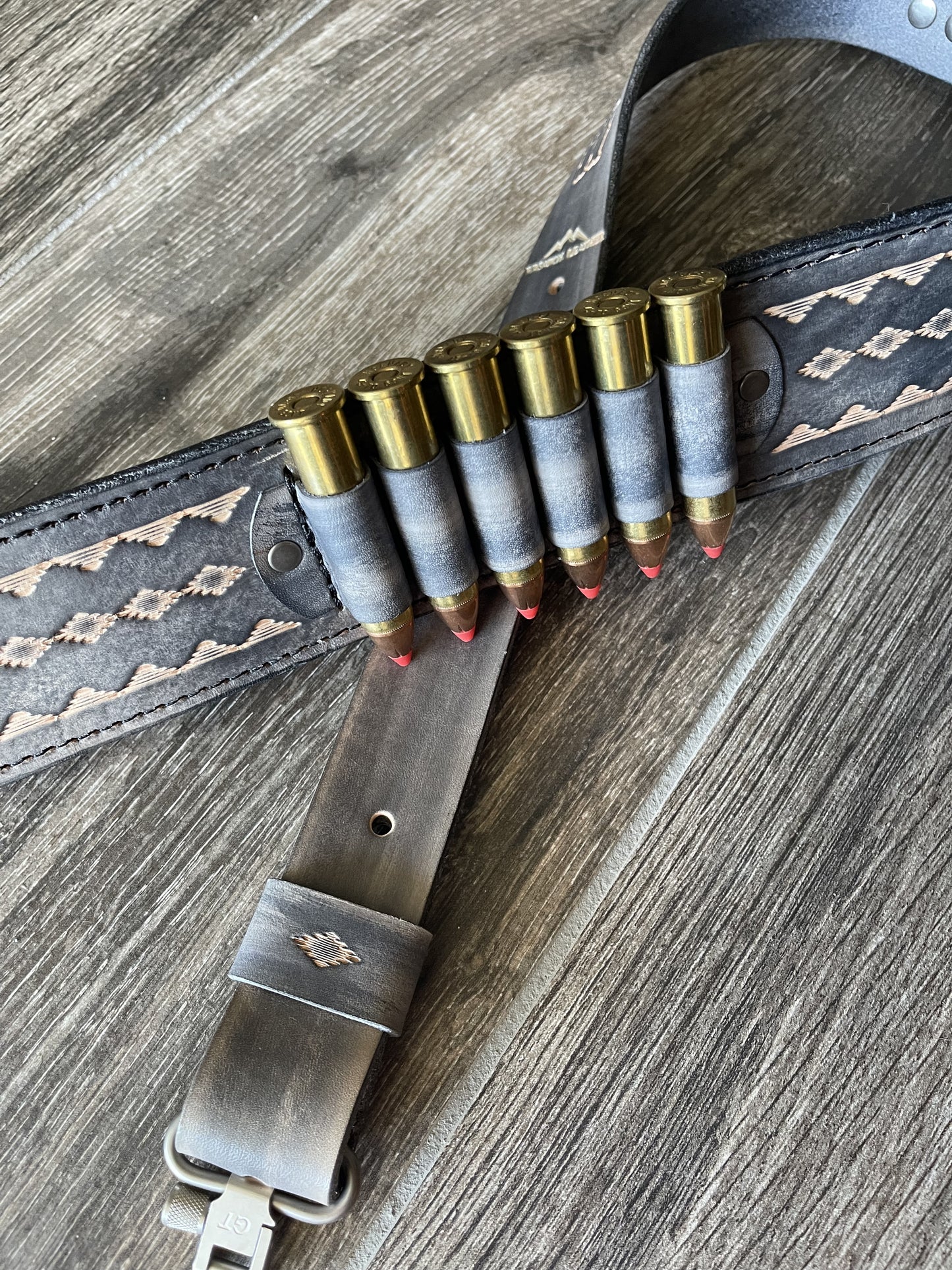 Leather Rifle Sling (Gun Sling), Hand-tooled, Finished in Smoky Gray