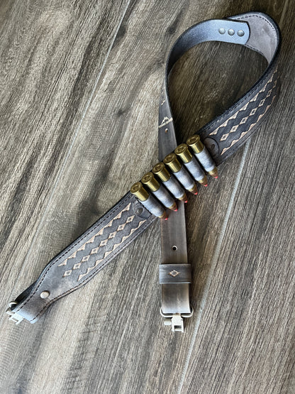 Leather Rifle Sling (Gun Sling), Hand-tooled, Finished in Smoky Gray