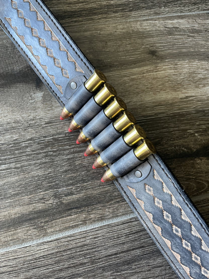 Leather Rifle Sling (Gun Sling), Hand-tooled, Finished in Smoky Gray