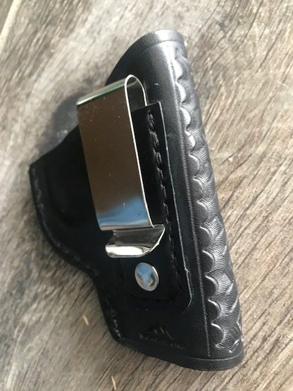 Custom Fit Leather Clip Holster with Basketweave Tooling