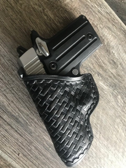 Custom Fit Leather Clip Holster with Basketweave Tooling
