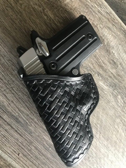 Custom Fit Leather Clip Holster with Basketweave Tooling