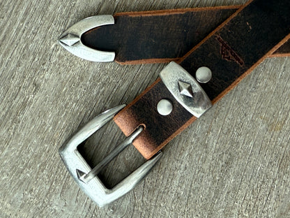Rugged Leather Belt with Antique Nickel Buckle Set
