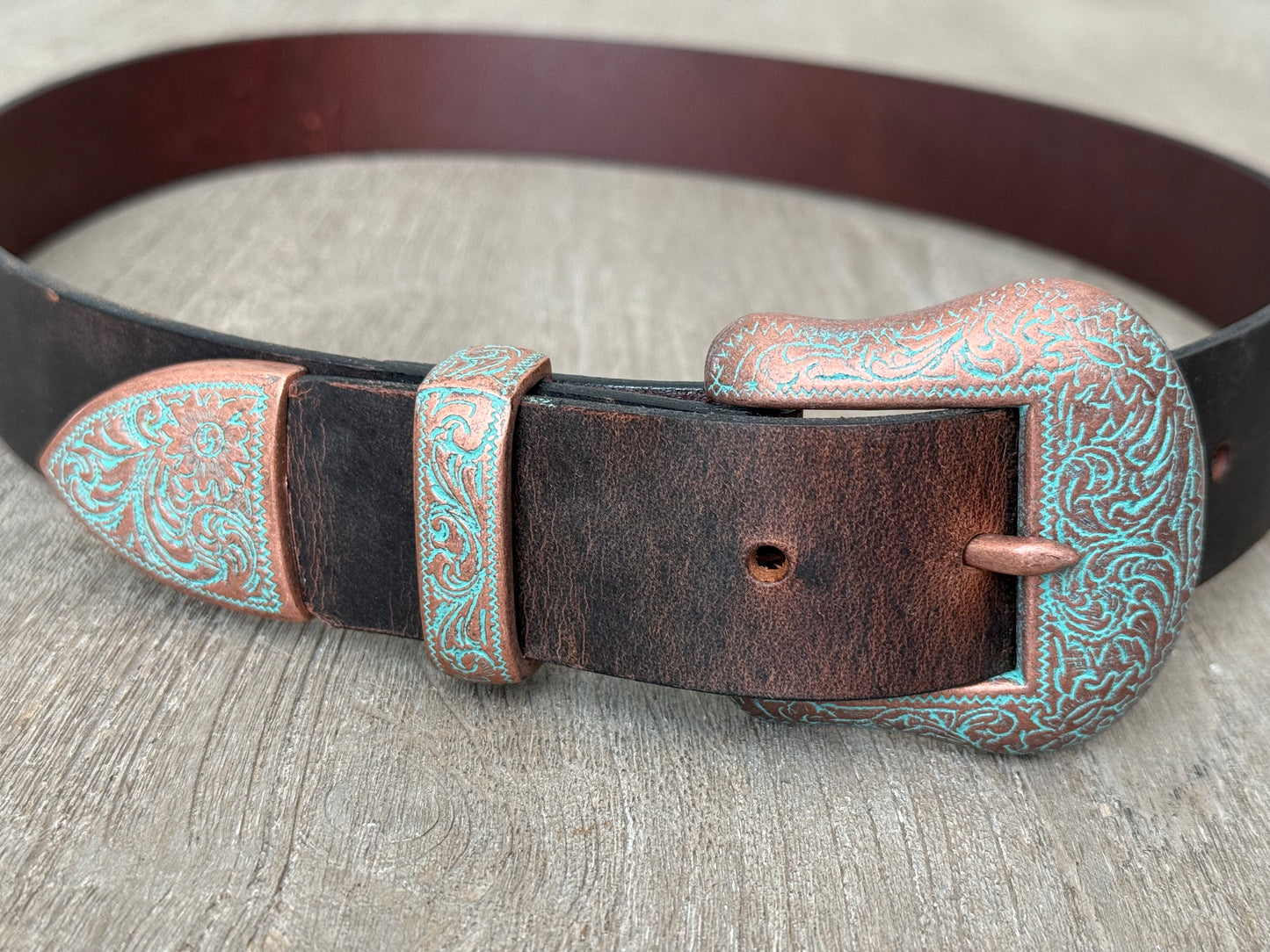 Western Leather Belt with Antique Copper Buckle Set