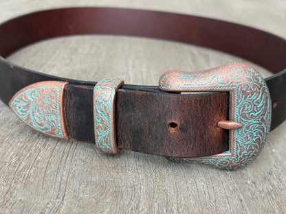 Western Leather Belt with Antique Copper Buckle Set