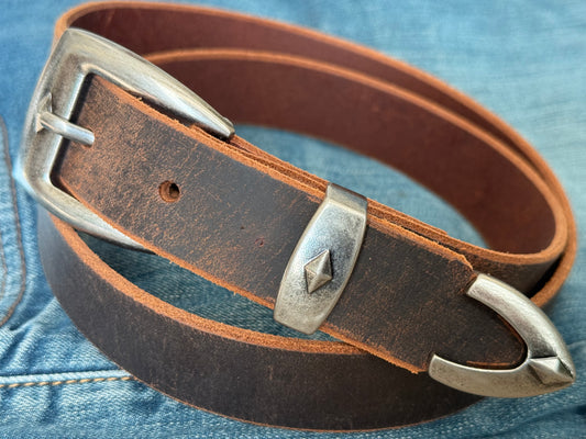 Rugged Leather Belt with Antique Nickel Buckle Set