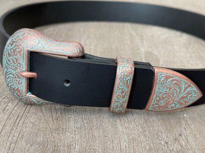 Western Leather Belt with Antique Copper Buckle Set