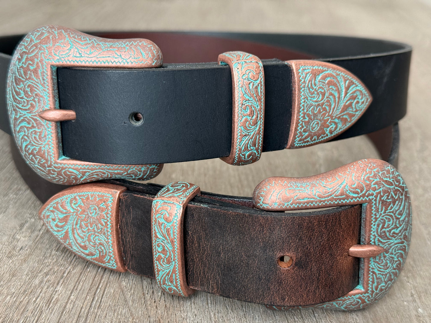 Western Leather Belt with Antique Copper Buckle Set