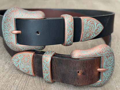 Western Leather Belt with Antique Copper Buckle Set