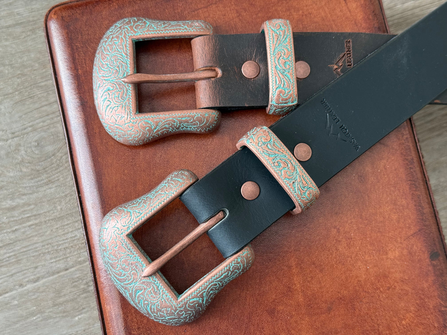 Western Leather Belt with Antique Copper Buckle Set