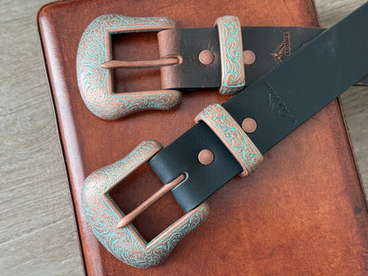 Western Leather Belt with Antique Copper Buckle Set