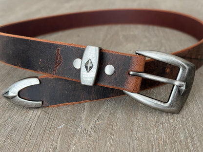 Rugged Leather Belt with Antique Nickel Buckle Set