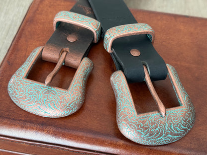 Western Leather Belt with Antique Copper Buckle Set