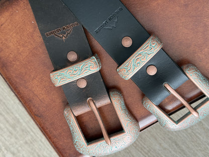 Western Leather Belt with Antique Copper Buckle Set