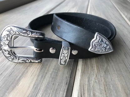 Leather Belt with Antique Silver Western Floral Buckle Set (1-inch Width)