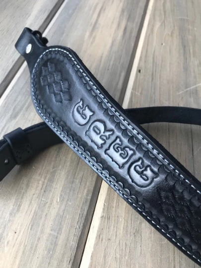 Customized Cobra Padded Leather Rifle Sling – Black with Smoke Gray Lettering or Chocolate with Tan Lettering