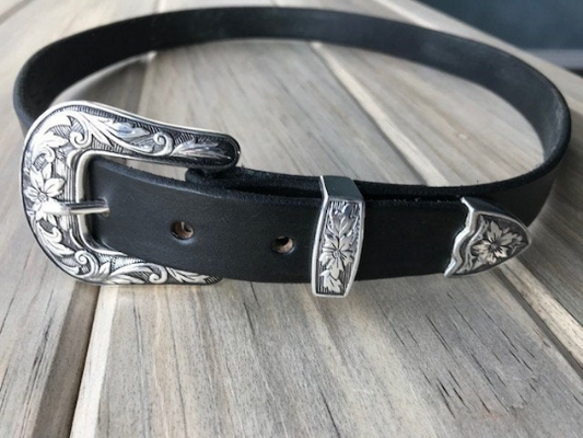 Leather Belt with Antique Silver Western Floral Buckle Set (1-inch Width)