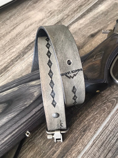 Hand-tooled leather Rifle Sling, Finished in Antique Smoke (Gray/Black) 1.25 inch width