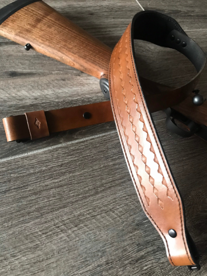Hand-tooled Leather Rifle Sling, Finished in Walnut and Black, Padded with Suede Backing