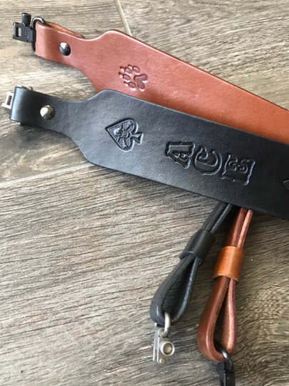 Personalized Leather Rifle Sling (Gun Sling), Adjustable, You Choose the Stamp, Brown or Black, “Venom” Cobra-Style
