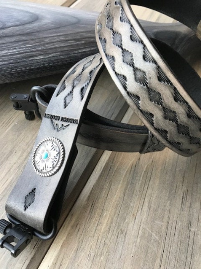 Hand-tooled rifle sling (gun-sling), finished in antique smoke (gray)