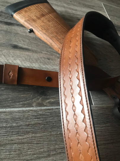 Hand-tooled Leather Rifle Sling, Finished in Walnut and Black, Padded with Suede Backing
