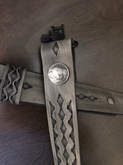 Hand-tooled rifle sling (gun-sling), finished in antique smoke (gray)