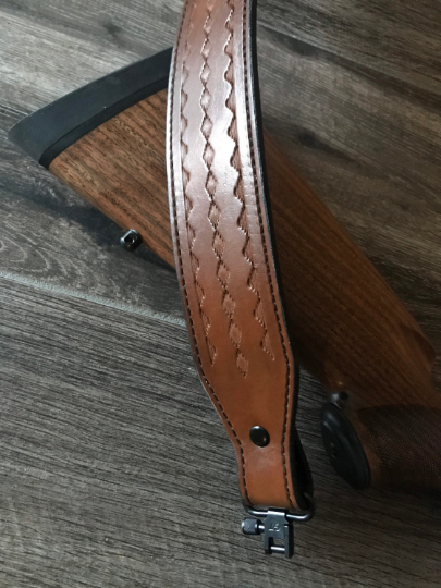 Hand-tooled Leather Rifle Sling, Finished in Walnut and Black, Padded with Suede Backing