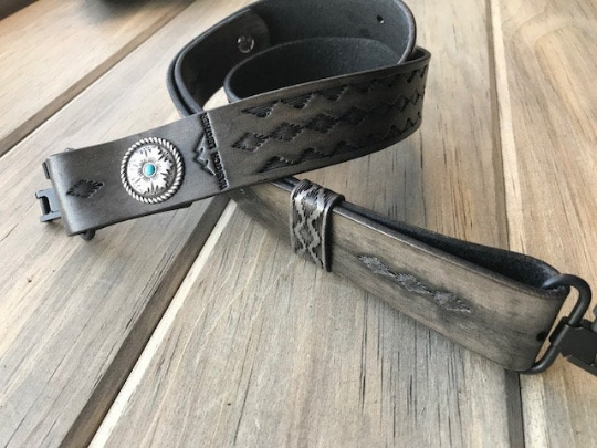 Hand-tooled rifle sling (gun-sling), finished in antique smoke (gray)