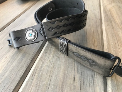 Hand-tooled rifle sling (gun-sling), finished in antique smoke (gray)