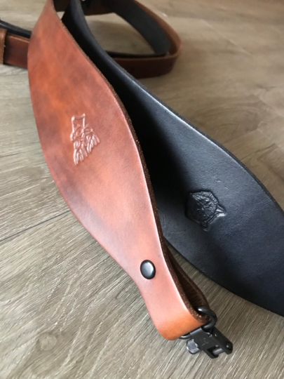 Leather Thumbhole Rifle Sling (Gun Strap), Adjustable, Choose the Stamp, Brown or Black, with Optional Personalization.