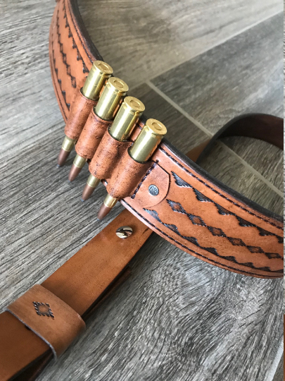 Leather Rifle Sling (Gun Sling), Hand-tooled, Finished in Gray, Brown or Black