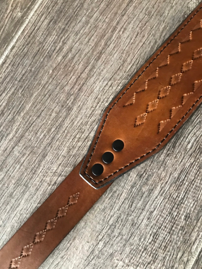 Hand-tooled Leather Rifle Sling, Finished in Walnut and Black, Padded with Suede Backing