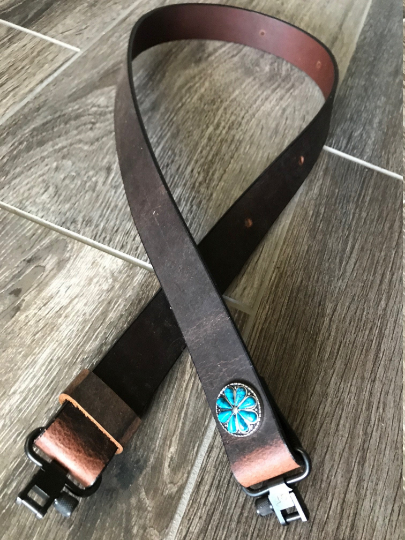 Buffalo Leather Rifle Sling (Gun Sling) with Turquoise Concho, 1.25 inch
