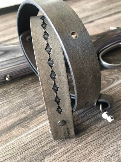 Hand-tooled leather Rifle Sling, Finished in Antique Smoke (Gray/Black) 1.25 inch width