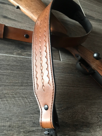 Hand-tooled Leather Rifle Sling, Finished in Walnut and Black, Padded with Suede Backing