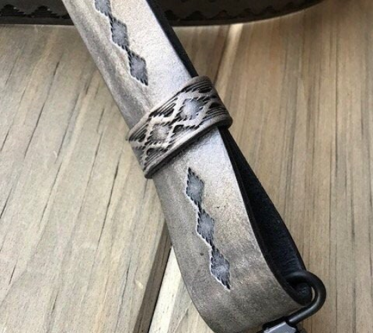 Hand-tooled rifle sling (gun-sling), finished in antique smoke (gray)