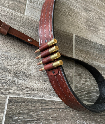 Hand-tooled Leather Rifle Sling with Bullet Loops, Finished in Gray, Black, or Brown