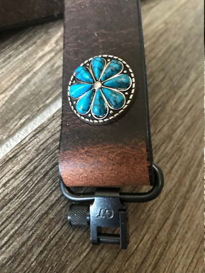Buffalo Leather Rifle Sling (Gun Sling) with Turquoise Concho, 1.25 inch